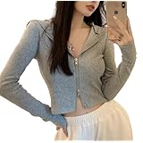 [1/2plus] ニブンノイチプラス パーカー 羽織 カーディガン フード 付き 長袖 ジップ アップ タイト フィット モード 系 ライト アウター レディース (グレー,XL)