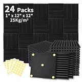 Focusound 24 Pack Acoustic Foam Panels 1" x 12" x 12" Sound Proof Foam Panles Soundproofing Noise Cancelling Wedge Panels for Home Office Recoding Studio with 140PCS Double-Side Adhesive