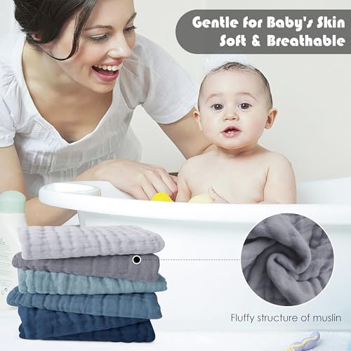 Image of Ease Cubs 12 Pack Muslin Washcloths for Baby - 100% Cotton Baby Wash Cloths for or Baby Face Body Comfy and Soft for Newborn Infants Kids Girls and Boys - 12 inchx12 inch - Slate, Grey and Navy Series