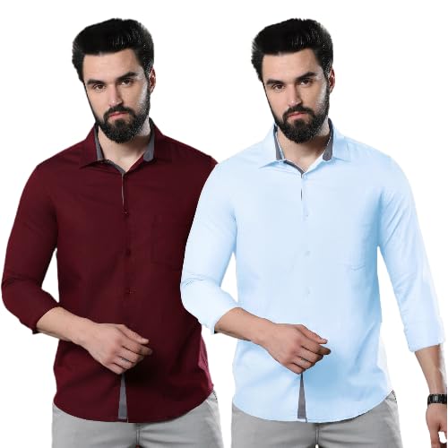 Image of Pinkmint Combo of Men Casual Cotton Blend Full Sleeves Formal Regular Slim Fit Plain Office Shirts