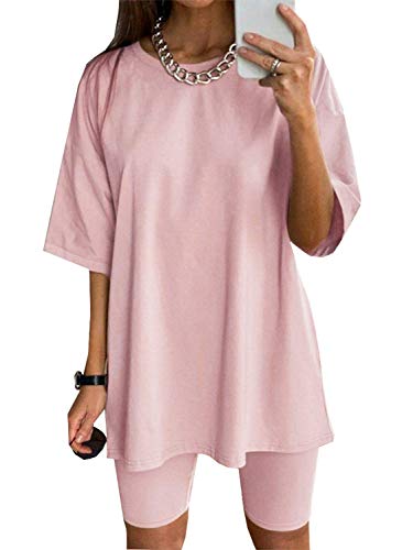 Women Loose Top And Biker Shorts Sets O Neck Two Piece Outfits with Belts pink l
