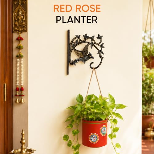 Image of AAKRITI ART CREATIONS Terracotta Hanging Planter with Metal Stand | Red Rose Warli Art, Matte Finish | Decorative Hanging Pot for Indoor & Outdoor Home Decor