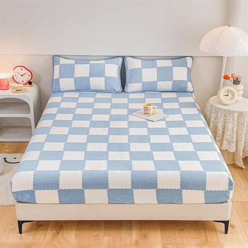 ANAZOZ Bajeras con 2 Fundas de Almohada 90x200cm,Sabanas Patrón de Plaid Funda Bajera Colchón Azul Claro