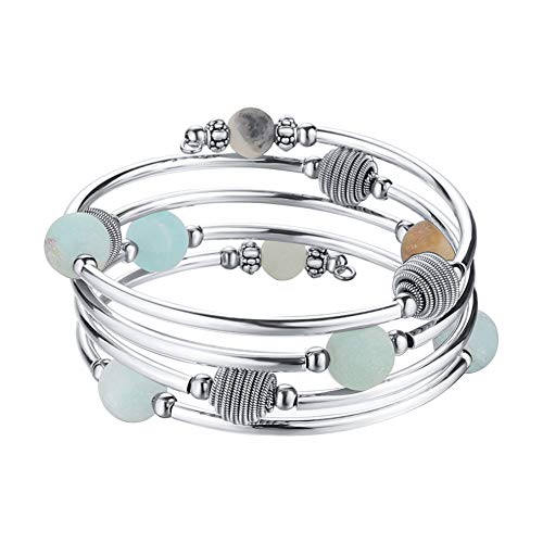 PEARL&CLUB Beaded Chakra Bangle Turquoise Bracelet - Fashion Jewelry Wrap Bracelet with Thick Silver Metal and Mala Beads, Birthday Gifts for Women (Agate Green)