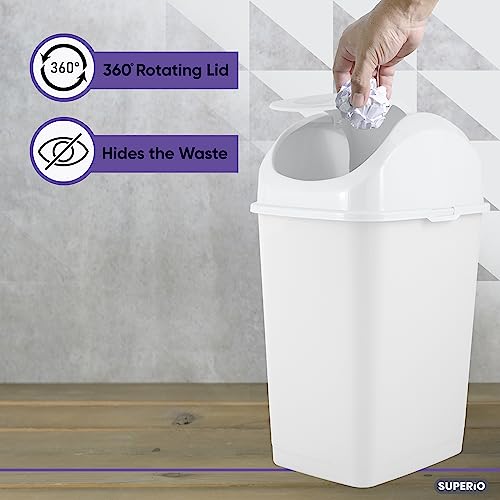 Superio Small 2.5 Gallon Plastic Trash Can With Swing Top Lid, Waste Bin For Under Desk, Office, Bedroom, Bathroom- 10 Qt, (White) #TOP3