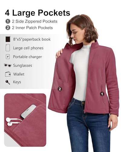 33,000ft Damen Fleecejacke mit Durchgehendem Reißverschluss Stehkragen Damen Leichte Fleece Jacke Outdoor Damenjacke für Wandern und Freizeit,Rostrot M