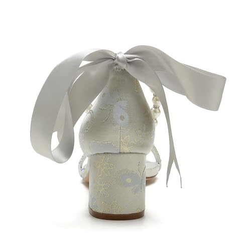 Women's Block Heel Pumps Chunky Open Toe Floral Low Heels Satin Wedding Shoes for Bride Pearls Dress Shoes Heels Sandals2