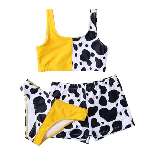 Girls Swimsuit Wide Strap High Waisted Bikini Sets with Shorts Cute Cow Printed 3 Piece Bathing Suit for 6-14 Years