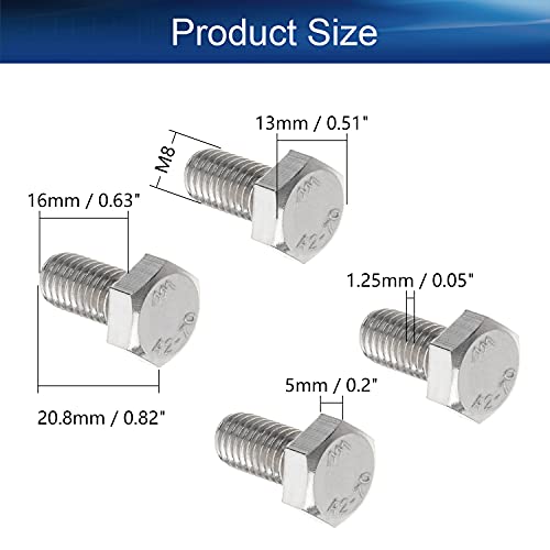 Image of Bettomshin 4Pcs M8 x 16mm Hex Bolts, 304 Stainless Steel 1.25mm Thread Pitch Fully Threaded Metric Hex Head Screw Bolts, Hexagon Screw Bolt, Hex Tap Bolts, Silver (Overall Size 20.8x13x13mm)