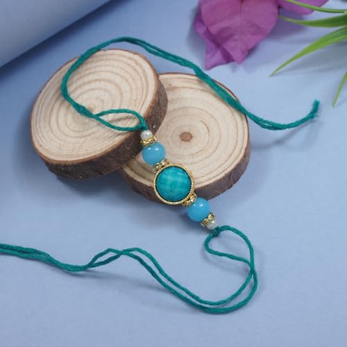 Image of I Jewels Designer Kundan Pearl beaded Bhaiya Bhabhi Lumba Rakhi Bracelet Combo Set With Roli Chawal & Rakshabandhan Greeting Card