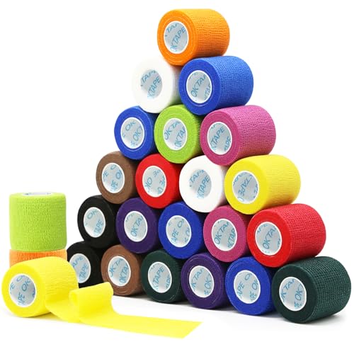 Image of OK TAPE Self Adherent Cohesive Bandages Wrap 24Packs 2 inch x 5 Yards | Non-Woven Self Adhesive Athletic Sports Wrap Tape Vet Wrap Bandages Tape for Thumb Finger Wrist Ankle (Mix)