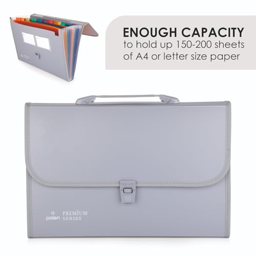 Image of POLEN Premium Series Expanding File Folder with Coloured Inner, 13 Pockets, Handle, and Buckle Closure, Fullscape Size for Travel, Home, Office to Arrange Your Document (Grey)