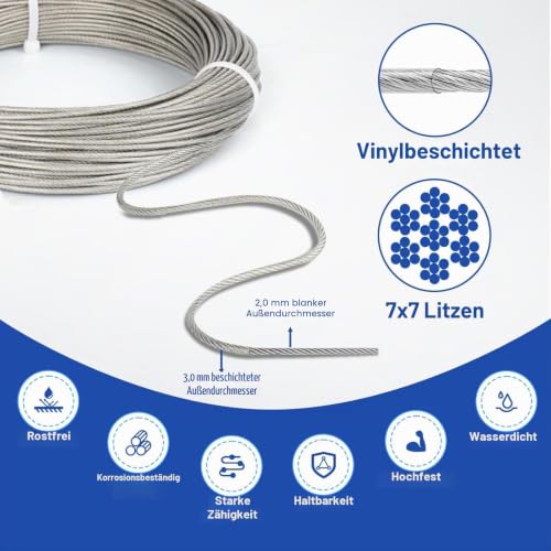 Foto von TooTaci 30M 3mm Drahtseil Edelstahl Set, Stahlseil mit ösen
