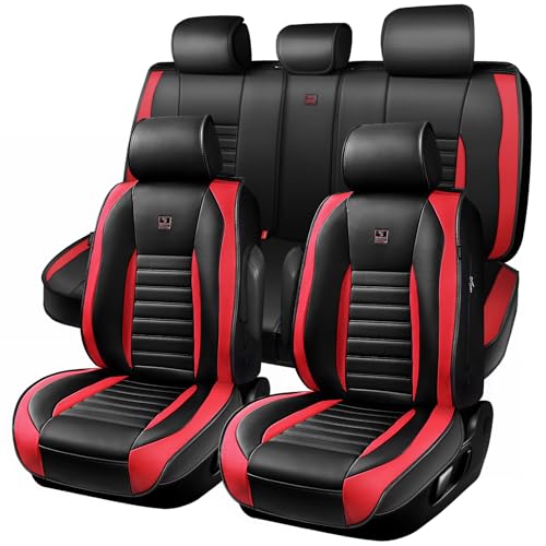 CAR PASS Nappa Leather Car Seat Covers Full Set, Luxury Seat Protector for Cars, Waterproof Anti-Slip Seat Cushion Armrest Compatible Airbag Universal for Sedan SUV Pick-up Truck Auto, Black Red