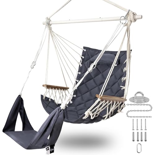 Image of Patio Swing Chair with Adjustable Footrest & Headrest-Quilted Fabric&Steel Spreader Bar,Wooden Armrest for Porch /Garden;350lbs Capacity;Hardware kit Included Dark Grey