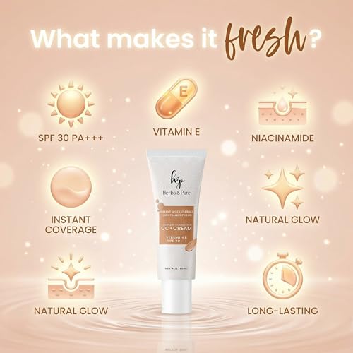 Image of Herbs & Pure CC+ Cream with Vitamin E & Niacinamide, SPF 30 PA+++ | Conceals Dark Spots, Evens Skin Tone | Lightweight Tinted Moisturizer for Women, Natural Glow Instant Spot Coverage, Beige Shade, 50ml