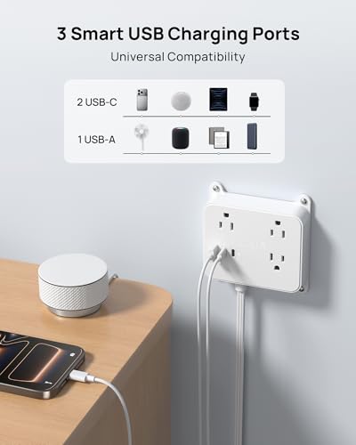 Image of TROND 3FT Short Extension Cord, Ultra Thin Flat Plug Power Strip with USB