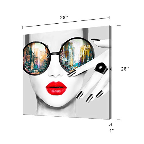 Contemporary Wall Art Modern Fashion Women With Red Lip Canvas Print Stylish Feminine Wall Art Painting Framed Cityscape Piture Ready To Hang For Home Decoration (28X28Inch) #TOP2