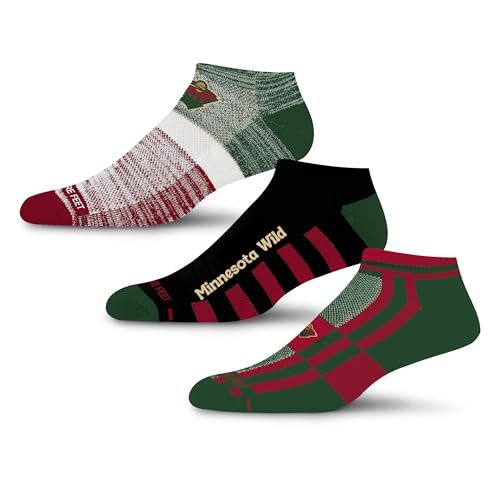 For Bare Feet NHL MINNESOTA WILD Stripe Stack 3 Pack Ankle Sock Team Colors Large