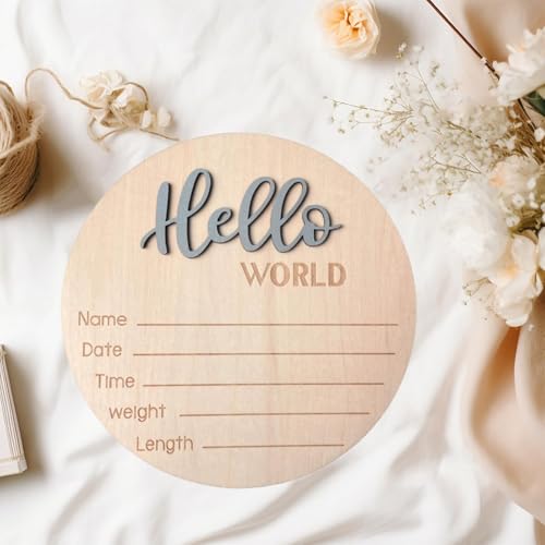 Image of Baby Announcement Sign, 5.9 Inch Wooden Hello World Newborn Signs, Birth Announcement Sign, Baby Shower Hospital Nursery for Newborn Boys and Girls (Gray,Pen)