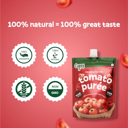 Image of CURRYiT Tomato Puree | Made With 100% Fresh Hand Picked Tomatoes | No onion & Garlic | Tomato Paste For Cooking Pasta & Curries | No Added Preservatives or Colors | Pure & Natural (100g x 3) 300g