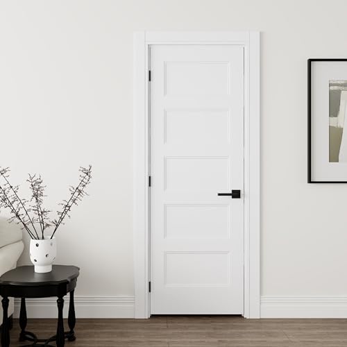JUBEST 28x80 Right-Hand Prehung Interior Door with Knock Down Jamb Kit & Matte Black Hinges, 5-Panel White Primed Hollow Core Molded Door Slab with Bore & Hinge Cutout, Durable & Sturdy, No Handle