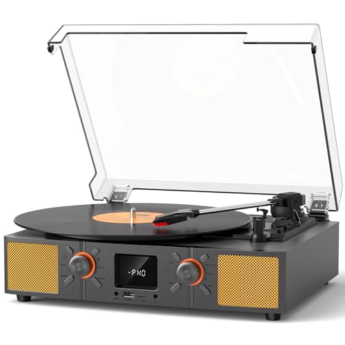 Vinyl Record Player, 3-Speed Bluetooth Turntable with Built-in Speakers, Belt-Driven LP Playback, FM...