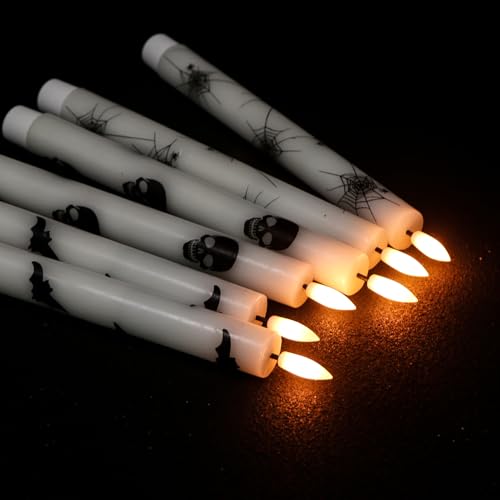 Image of GenSwin Flameless Taper Candles with Remote Timer, 6Pcs LED Flickering Taper Candles Battery Operated Real Wax with Spider Webs /Skull /Bats Decals for Halloween Spooky Decoration (White, 0.78 inchx9.65 inch)