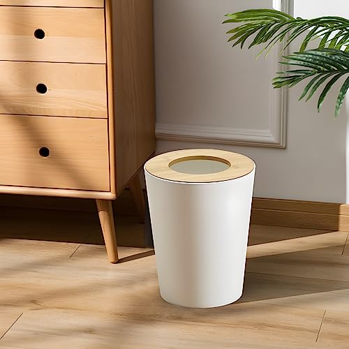 Image of White Trash Can for Bedroom with Bamboo Lid, 2.4 Gallon Open Top Trash Can 2 Pack, Modern Aesthetic Garbage Can for Room Office Living Room, Small Bathroom Trash Bin Boho Style