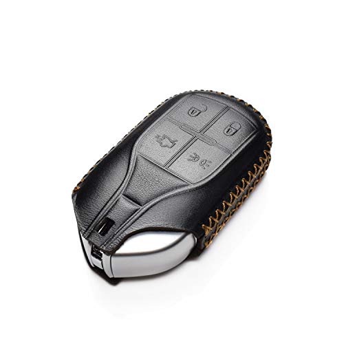 Image of Vitodeco Genuine Leather Smart Key Fob Case Cover Protector with Key Chain Clip - Compatible for Maserati Ghibli, Levante, Quattroporte - Light Button, Black