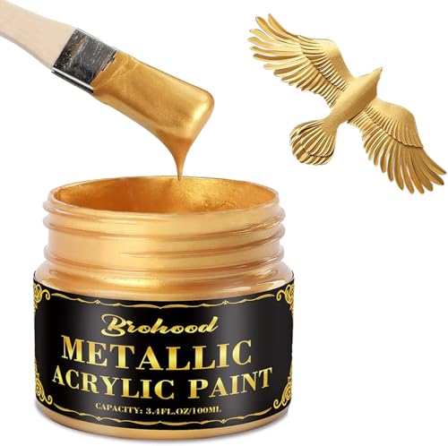 Brohood Gold Leaf Paint, 100ml Water-Based Metallic Acrylic Paint, Golden Acrylic Paints with 2 Brushes, Fade-Resistant Gold Metallic Paints for Metal, Wood, Canvas, Crafting & Art Projects