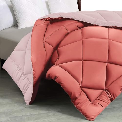 Image of THE HOME STYLE Solid Plain Cotton Feel Fitted Bedsheet (72x78 inches) with Reversible Comforter (90x100 inches) | King Size | 2 Pillow Covers | 300 TC | 4-Piece Bedding Set (Terracotta)