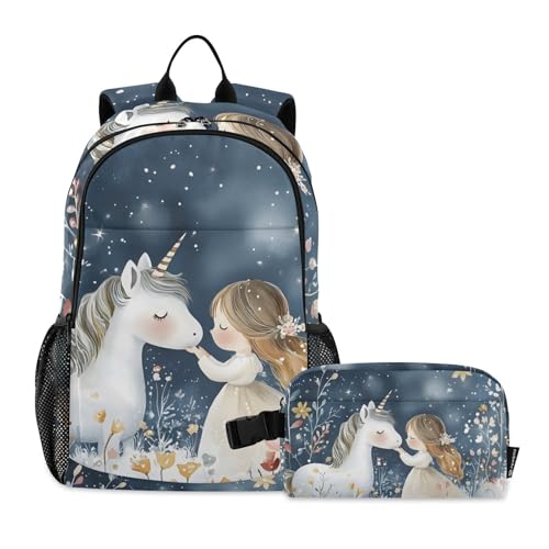 Backpack Lunch Bag Set for Travel Hiking Picnic, Watercolor Fairy Animal Print Backpacks with Insulated Lunch Box