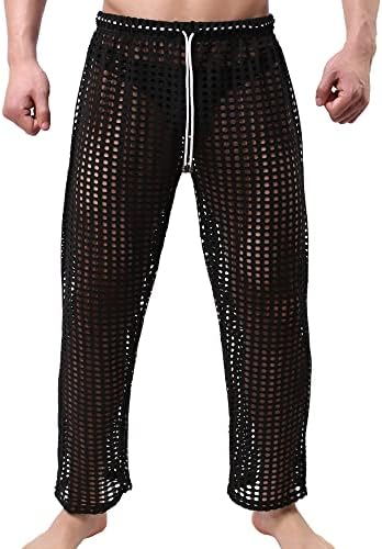 WINTOFW Men's Mesh Fishnet See Through Pants Hollow Openwork Drawstring Lounge Long Pants Pajamas Bottoms
