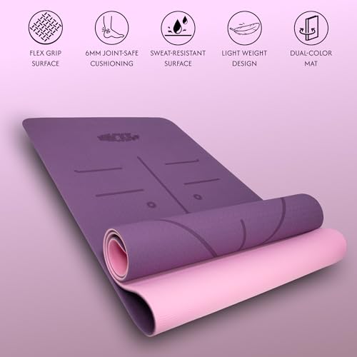 Image of Whackk TPE 6mm Laser Engraved Position Marking Yoga Mat|Pink & Purple Dual Colour|6 mm TPE Non-Slip Mat with Carry Strap|Lightweight & Eco-Friendly Non Toxic I Exercise and Fitness