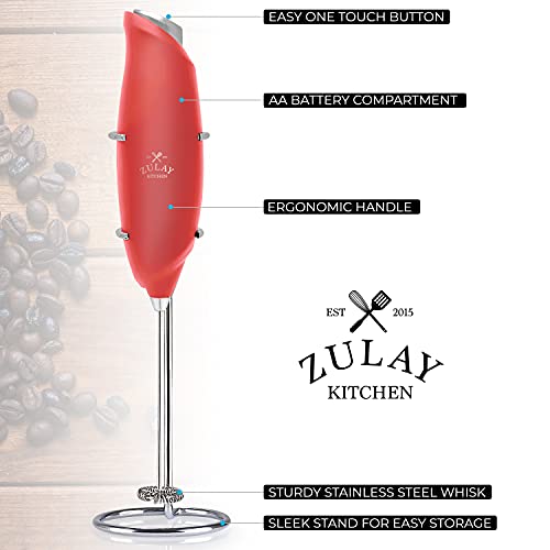 Image of Zulay Kitchen Premium One-Touch Milk Frother for Coffee - Easy-Use Frother Handheld Foam Maker - Electric Whisk Drink Mixer for Cappuccino, Frappe, Matcha and Hot Chocolate (Cardinal Red)