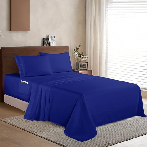 Elegant Comfort Luxury 1500 Premium Hotel Quality Microfiber 4-Piece Sheet Set- Soft, All Around Elastic 18-24 Inches Deep Fitted Sheet - Extra Deep Pocket Sheets, Queen, Royal Blue