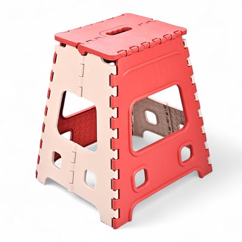 Image of AMEEBA 18 Inch Super Strong Folding Step Stool to Support Adults and Safe Enough for Kids. Opens Easy with One Flip, Great for Kitchen, Bathroom, Bedroom, Kids or Adults (RED)