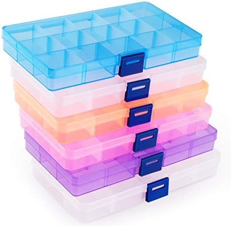 ilauke Jewellery Organizer, 15 Grids Plastic Storage Box Jewellery Box with Adjustable Dividers Earring Storage Containers (6 Pack, Colorful)