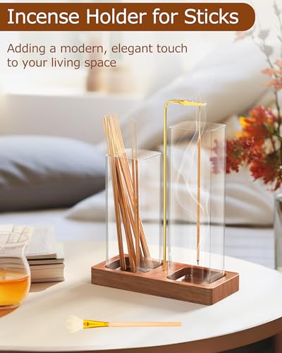 2 in 1 Incense Holder, Large Glass Incense Holder for Sticks, Upside Down Wooden Incense Burner with Ash Catcher & Incense Storage for Meditation Yoga Spa Home Decor, with 20 Incense Sticks & Brush - Image 7