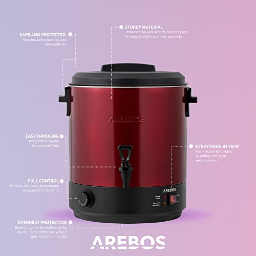 Miniatura 3 de Arebos Cocedero De Conservas 2500 W Olla De 28 L Con Termostato Y Protección Contra Sobrecalentamiento Ajuste De Temperatura Continuo De 30 A 100 C Hervidor De Vino Caliente Color Rojo