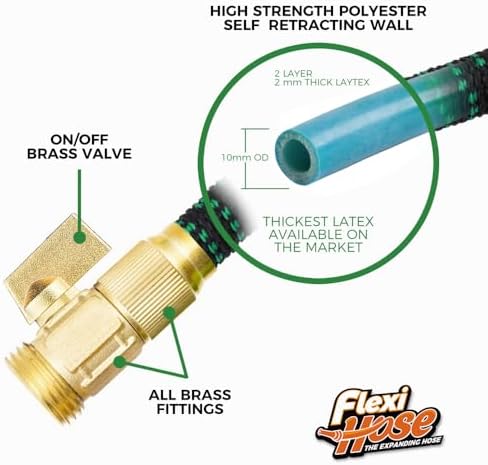 Flexi Hose with 8 Function Nozzle, 50FT - Lightweight Expandable Garden Hose, No-Kink Flexibility, 3/4 Inch Solid Brass Fittings and Double Latex Core - Black and Green - 3