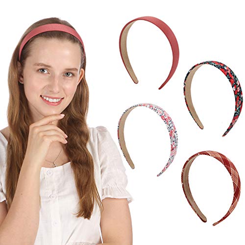 Folora 4pcs Premium 1 Inch Wide Solid Color Floral Plaid Headband Set for Women Girls, Red