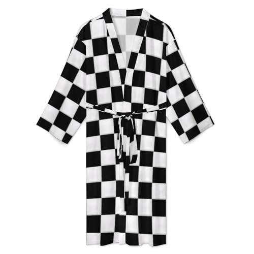 Black And White Checkered print Bathrobe Soft And Comfortable Bathrobe Skin-Friendly And Breathable3