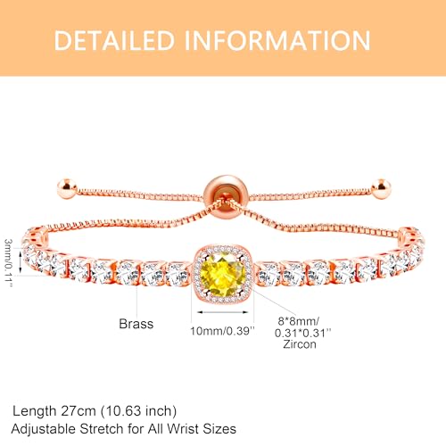 Image of Rose Plated Gold Brass Box Chain Cubic Zirconia Classic Tennis Slider Adjustable Bracelet, Round Big Zircon Charm Give Woman Mom Mother's Day Fashion Crystal Gift