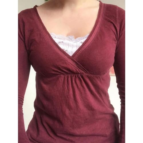 Image of Women Fairy Grunge Aesthetic Shirts Tops Long Sleeve V Neck Tops Girl Basic Slim Fit Blouse Streewear
