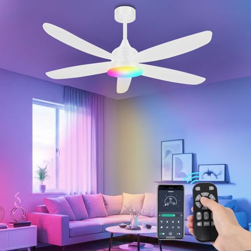 OUTON 106cm Ventilatore da Soffitto con Luce e Telecomando, 3000-6500K Dimmerabile, 6 Velocità Reversibili, Timer, RGB Lampada Ventilatore da Soffitto per Camera da Letto Soggiorno Cucina, Bianco
