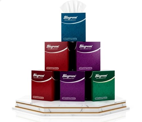 Image of Biogreen 2-Ply Facial Tissue 480 Pulls | 100% Virgin Paper, Soft on Skin | 6 Cube Boxes, 80 Sheets Each | For Home, Office, Car & Travel | Highly Absorbent, Safe Face Tissues for Children & Adults