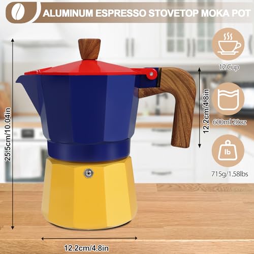Image of Aluminum 12 Cup 600ml Moka Pot Express Coffee Maker Stovetop Espresso Colorful Coffeemaker Italian Classic Style Brewing Greca Cafe Mocha Machine for Cafeteras Lover Camping Travel and Home Use 20oz