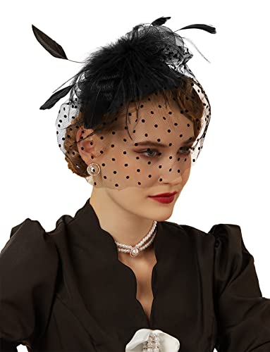 Cizoe Fascinator Hair Clip Pillbox Hat Bowler Feather Flower Veil Wedding Party Hat Tea Hat(2-Black) #TOP6